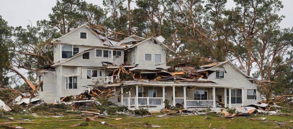A large white house heavily damaged by a storm, with parts of the roof collapsed and debris scattered around the structure; trees in the background are also damaged.