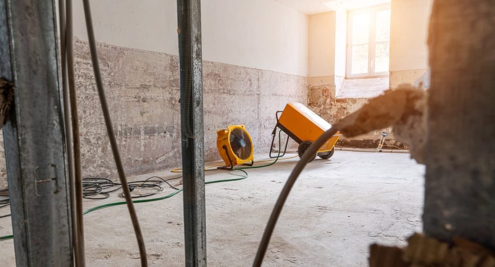 A partially renovated room with exposed concrete walls and floor. Two yellow industrial fans sit on the floor, surrounded by scattered cables. Sunlight streams in through a window, illuminating the space.