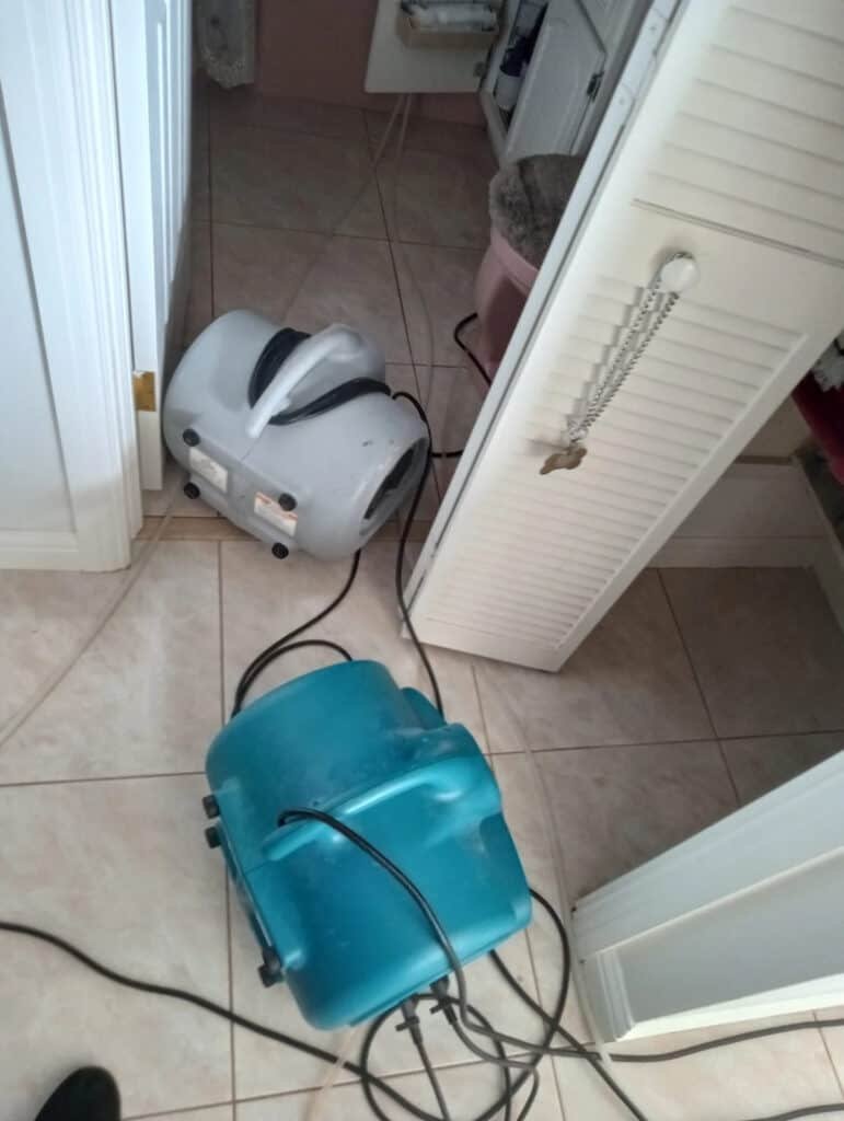 Two carpet cleaners with cords are placed on a tiled floor. The blue cleaner is in the foreground, and the gray one is in the background. A closet with a hanging necklace and a slightly opened door is on the right.