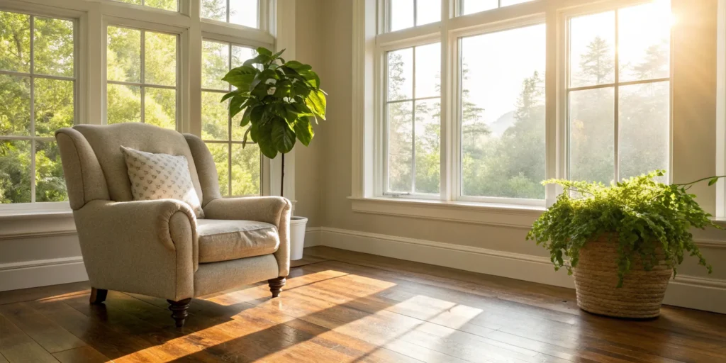 Restored living room after flood damage.