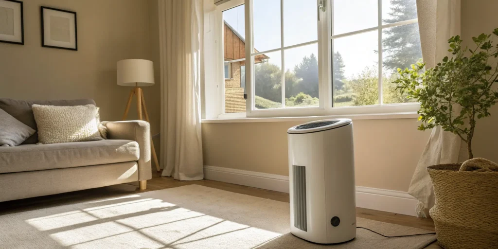 Mold removal service restores clean air to sunlit room.