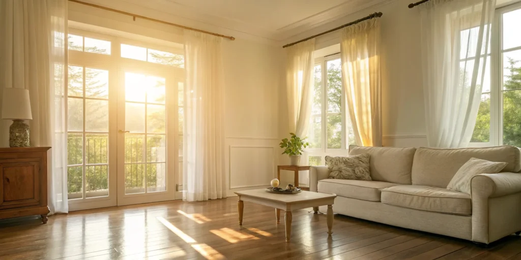 Restoration company renewing a sunlit living room.