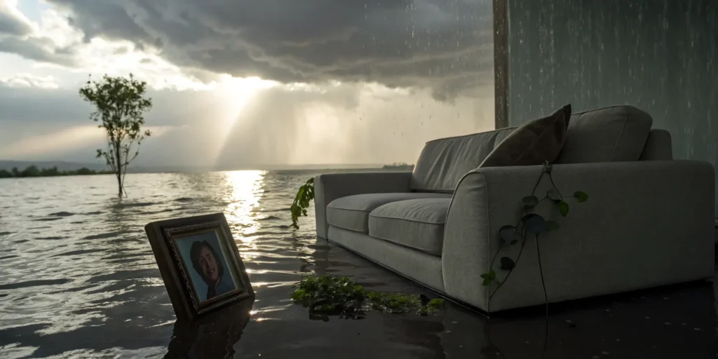 Water-damaged living room.