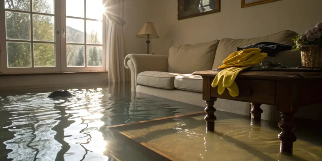 Sunlight streams into a living room flooded with water. A beige sofa and lamp sit near large windows, and a coffee table with yellow cleaning gloves rests partially submerged in the water.