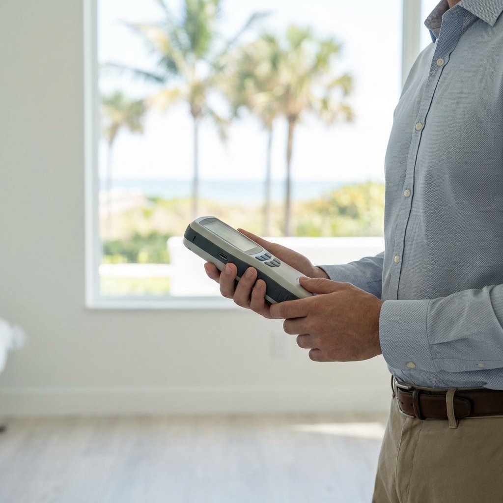 A person in a light blue shirt holds a handheld electronic device in a bright room with large windows, palm trees, and a beach visible outside.