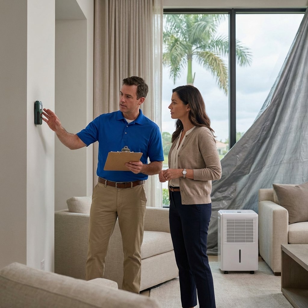 A man with a clipboard explains a wall-mounted device to a woman in a living room. A dehumidifier and large window with palm trees outside are visible in the background.