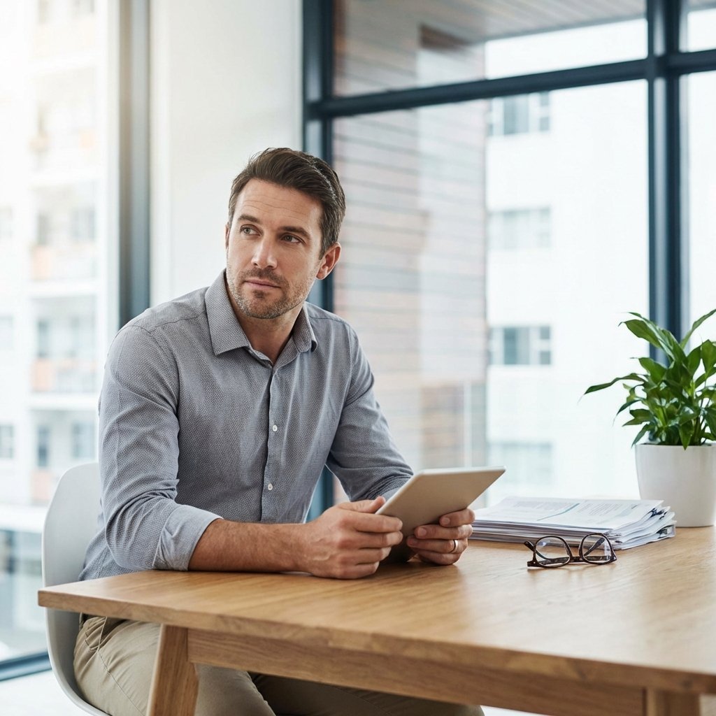 A man sits at a wooden desk holding a tablet, looking thoughtfully to the side. On the desk are a stack of papers, eyeglasses, and a potted plant. Large windows provide natural light in a modern office setting.