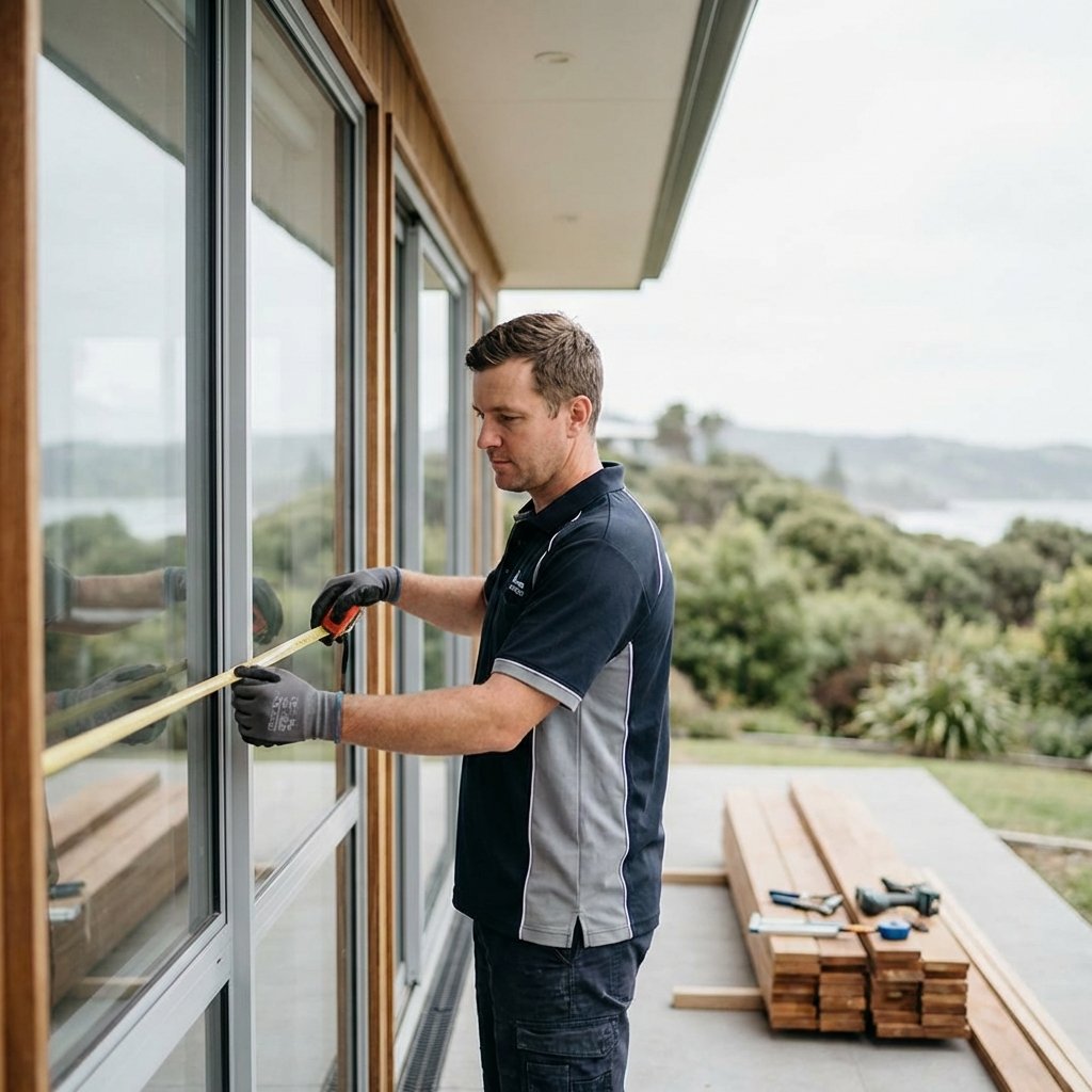 A man wearing gloves uses a measuring tape to measure a window frame outside a house. Wood planks and tools are on the ground nearby, with greenery and hills in the background.